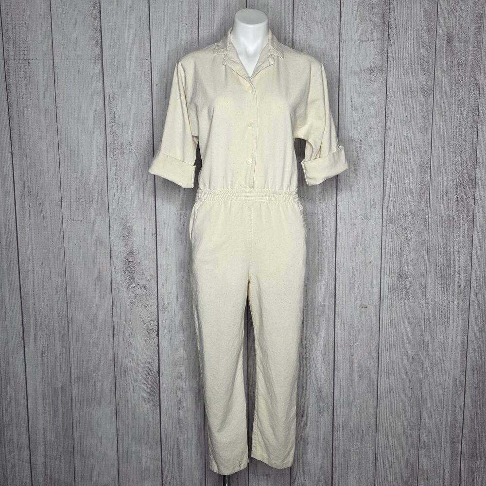 Vintage Island Spirit Silk Jumpsuit Cream Minimalist Resort Lounge, sz Small